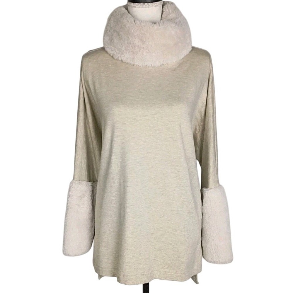 Capote Beige  Womens Faux Fur Trim Cowl Neck‎ Top Pullover Size S